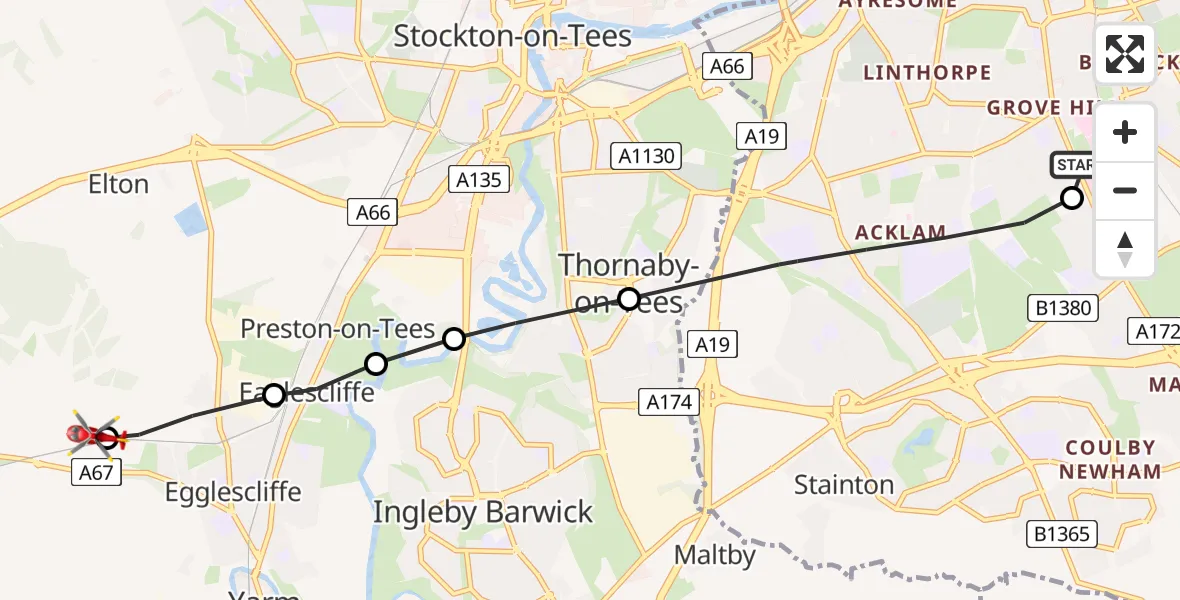 Flight route Air Ambulance Helicopter James Cook University Hospital - Egglescliffe, 24 May 2026, 13:40