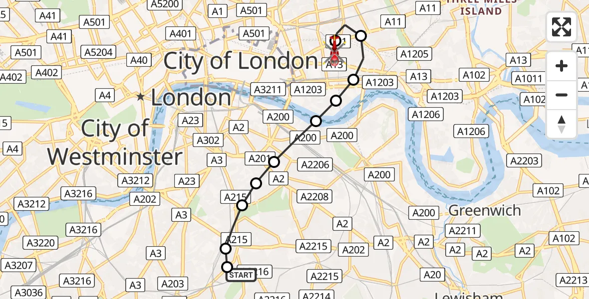 Flight route Air Ambulance Helicopter Kings College London Hospital - Royal London Hospital, 24 May 2026, 13:43