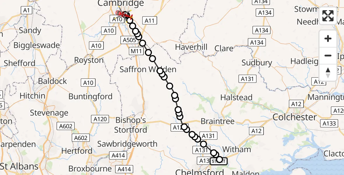 Flight route Air Ambulance Helicopter Boreham - Papworth Hospital, 24 May 2026, 13:50