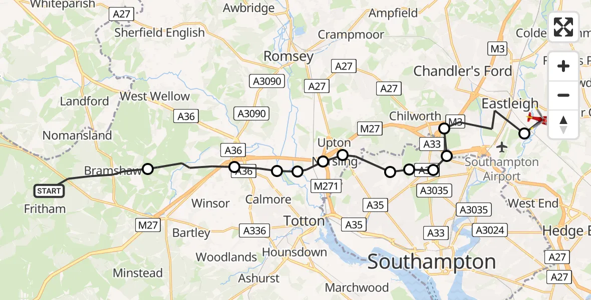 Flight route Air Ambulance Helicopter Bramshaw - Eastleigh, 24 May 2026, 14:04
