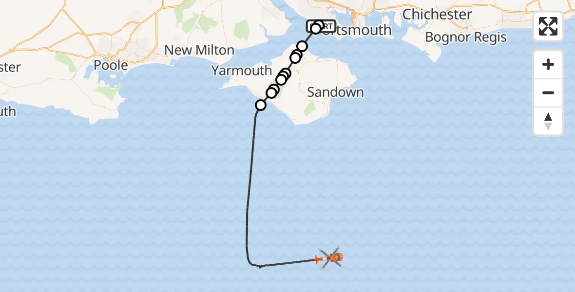 Flight route Coastguard Helicopter Solent Airport - English Channel, 24 May 2026, 14:06