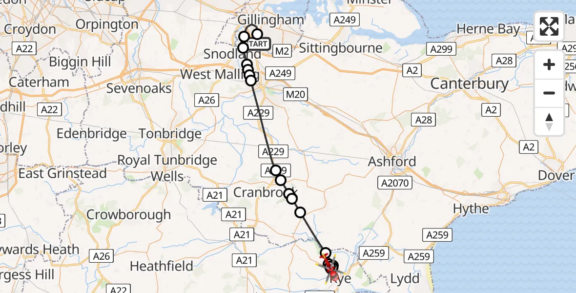 Flight route Air Ambulance Helicopter Rochester Airport - Peasmarsh, 24 May 2026, 14:07