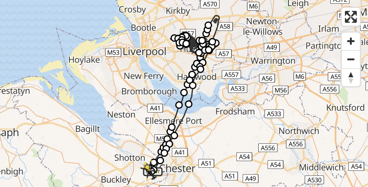 Flight route Police Helicopter Hawarden Airport - Hawarden Airport, 24 May 2026, 14:08