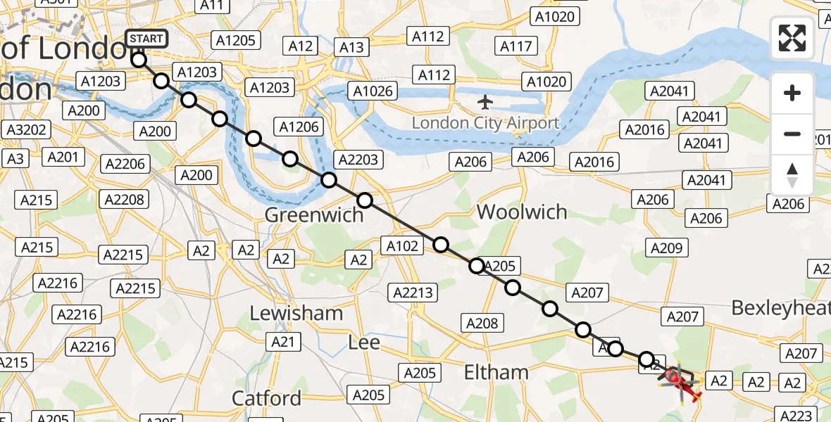 Flight route Air Ambulance Helicopter Royal London Hospital - Welling, 24 May 2026, 14:11