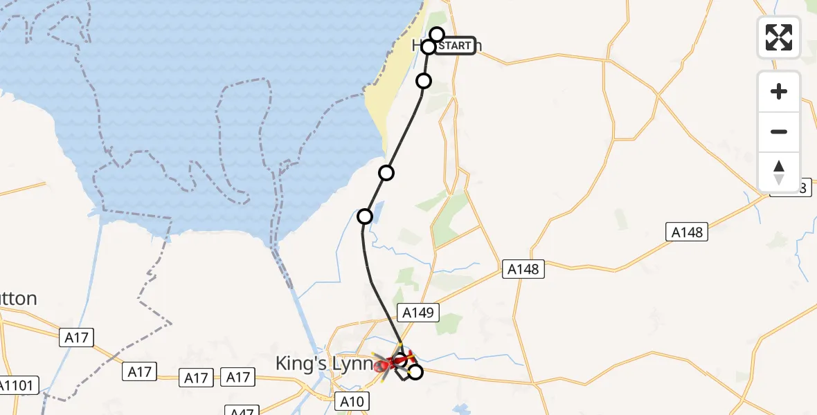 Flight route Air Ambulance Helicopter Heacham - King's Lynn and West Norfolk, 24 May 2026, 14:13