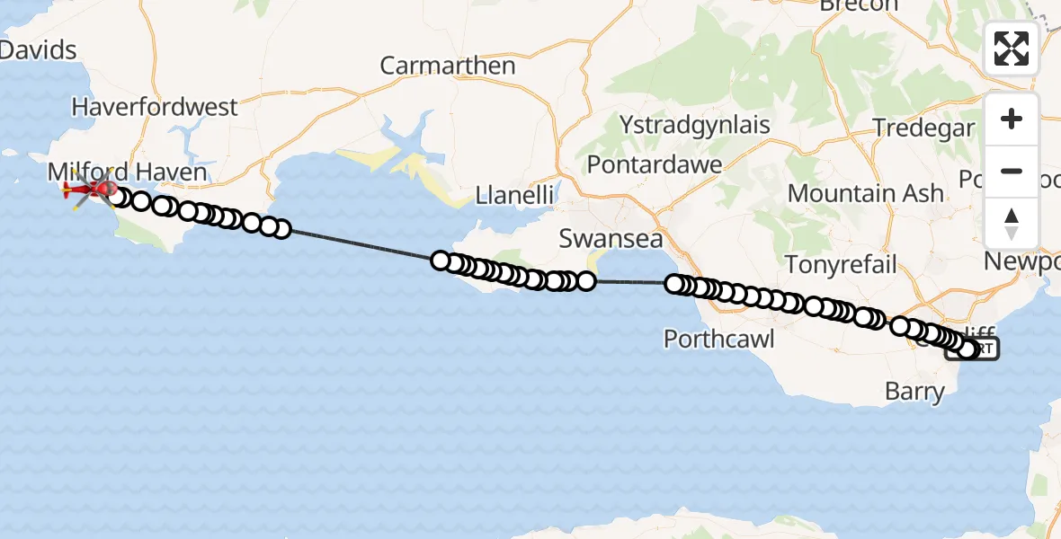 Flight route Air Ambulance Helicopter Cardiff Heliport - Angle, 24 May 2026, 14:15