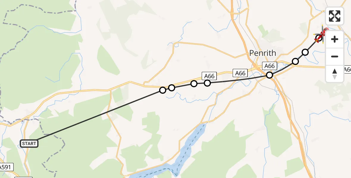 Flight route Air Ambulance Helicopter Threlkeld - Edenhall, 24 May 2026, 14:17
