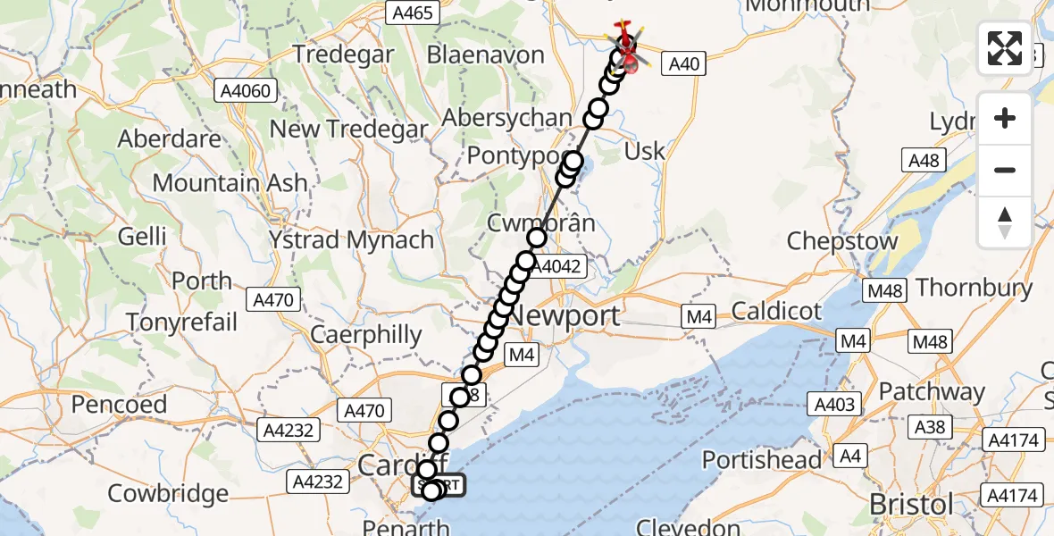 Flight route Air Ambulance Helicopter Cardiff Heliport - Raglan, 24 May 2026, 14:22