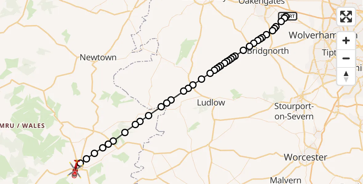 Flight route Air Ambulance Helicopter RAF Cosford - Builth Wells, 24 May 2026, 14:27