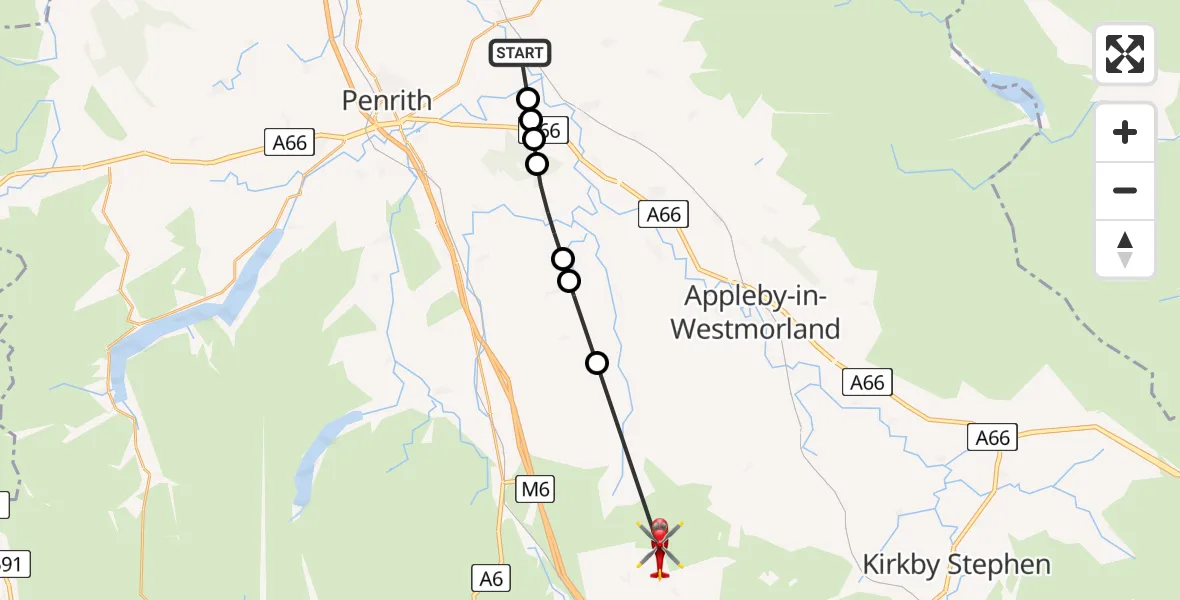 Flight route Air Ambulance Helicopter Langwathby - Orton, 24 May 2026, 14:36