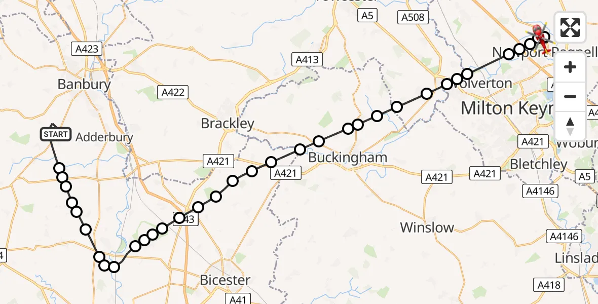Flight route Air Ambulance Helicopter Bloxham - Sherington, 24 May 2026, 14:37