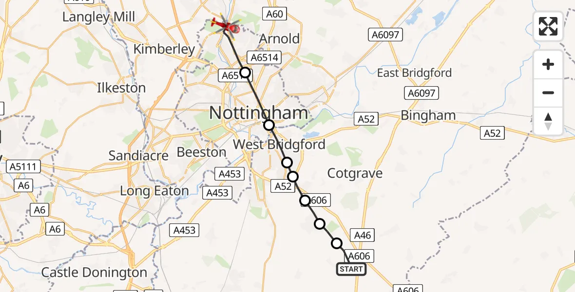 Flight route Air Ambulance Helicopter Widmerpool - Bulwell, 24 May 2026, 14:47