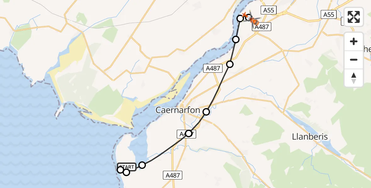 Flight route Coastguard Helicopter Caernarfon Airport - Aber Pwll, 24 May 2026, 14:51