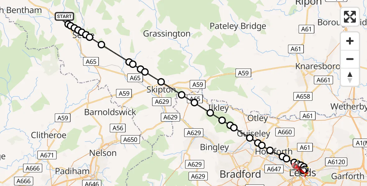 Flight route Air Ambulance Helicopter Lawkland - Woodhouse, 24 May 2026, 14:52