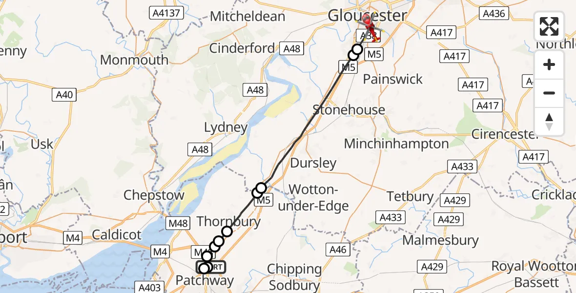Flight route Air Ambulance Helicopter Almondsbury Helicopter Base - Gloucester, 24 May 2026, 14:57