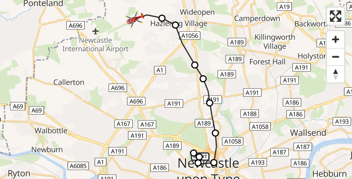 Flight route Air Ambulance Helicopter Newcastle Royal Victoria Infirmary - Newcastle International Airport, 24 May 2026, 14:57