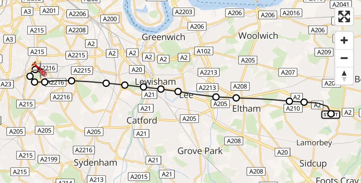 Flight route Air Ambulance Helicopter Blendon - Kings College London Hospital, 24 May 2026, 14:58