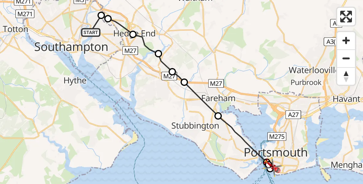 Flight route Air Ambulance Helicopter Bitterne Manor - Old Portsmouth, 24 May 2026, 15:04