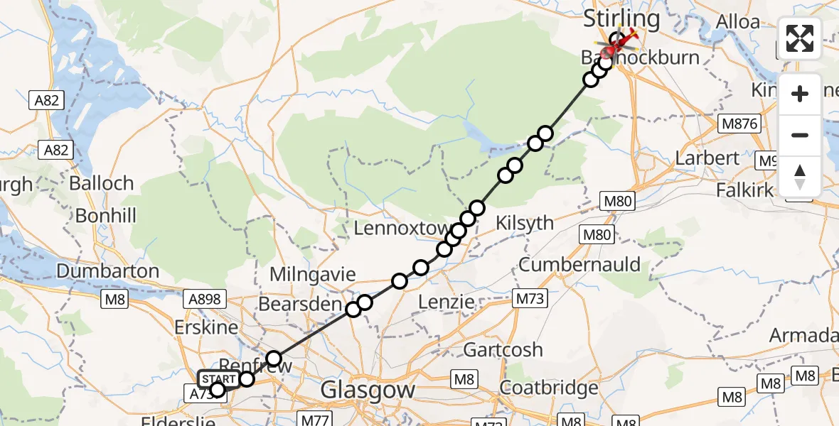 Flight route Air Ambulance Helicopter Glasgow Airport - Torbrex, 24 May 2026, 15:04