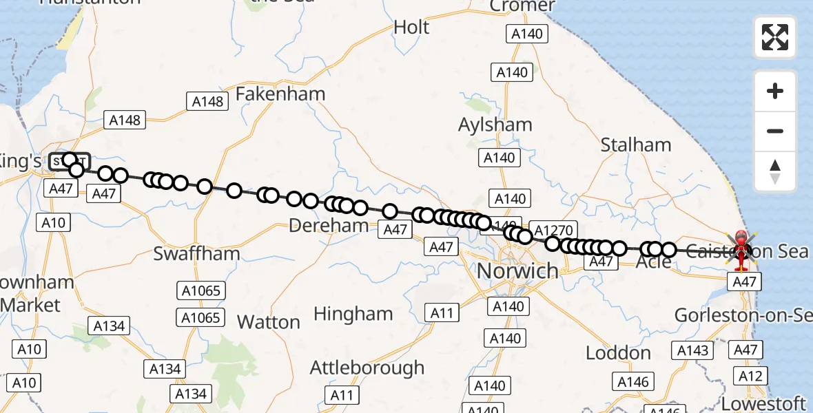 Flight route Air Ambulance Helicopter Queen Elizabeth Hospital - Great Yarmouth, 24 May 2026, 15:07