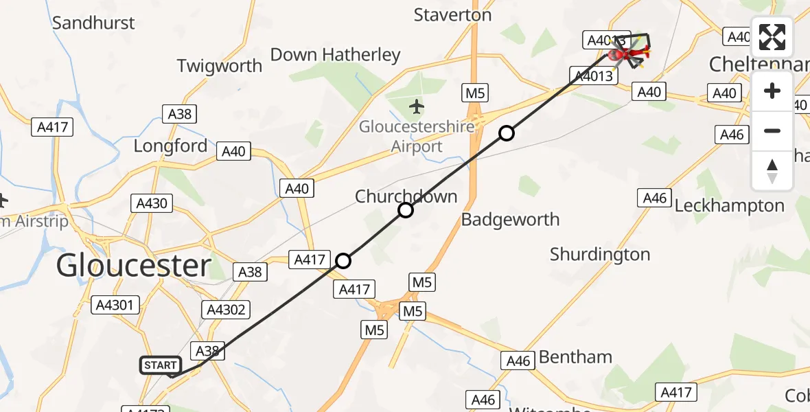 Flight route Air Ambulance Helicopter Gloucester - Cheltenham, 24 May 2026, 15:12