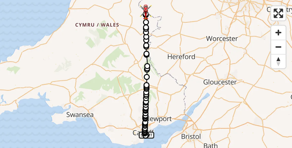 Flight route Air Ambulance Helicopter Cardiff Heliport - Lloyney, 24 May 2026, 15:14