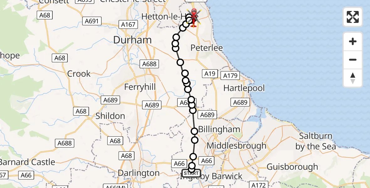 Flight route Air Ambulance Helicopter Egglescliffe - Murton, 24 May 2026, 15:18