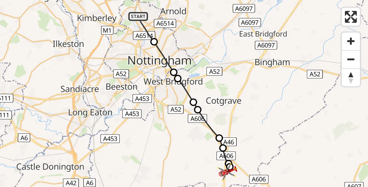 Flight route Air Ambulance Helicopter Bulwell - Nottingham Heliport, 24 May 2026, 15:19