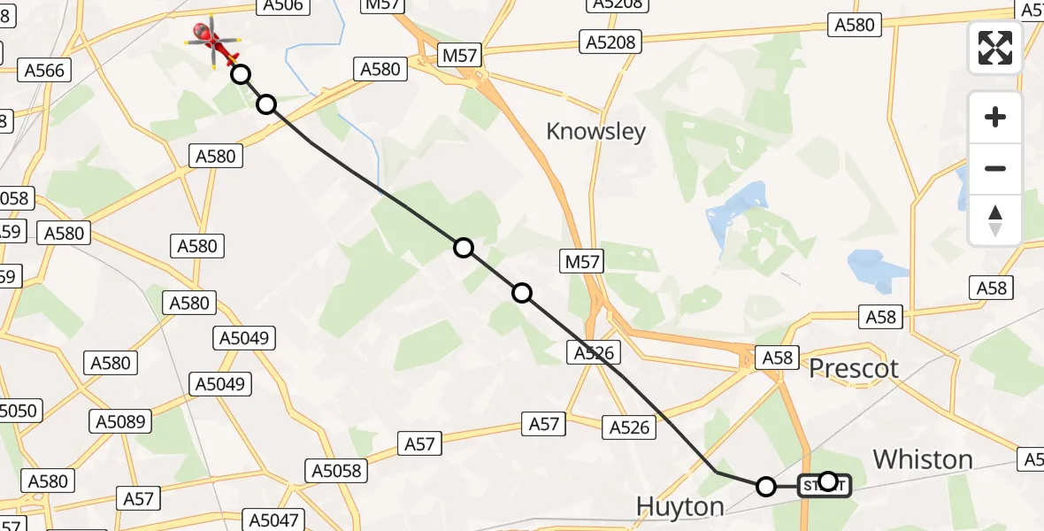 Flight route Air Ambulance Helicopter Whiston - Aintree University Hospital Heliport, 24 May 2026, 15:22