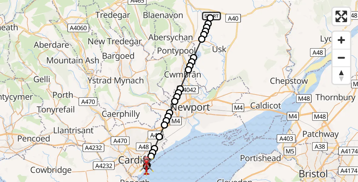 Flight route Air Ambulance Helicopter Raglan - Cardiff Heliport, 24 May 2026, 15:27