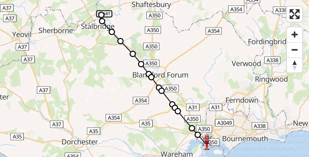 Flight route Air Ambulance Helicopter Henstridge Airfield - Poole, 24 May 2026, 15:29