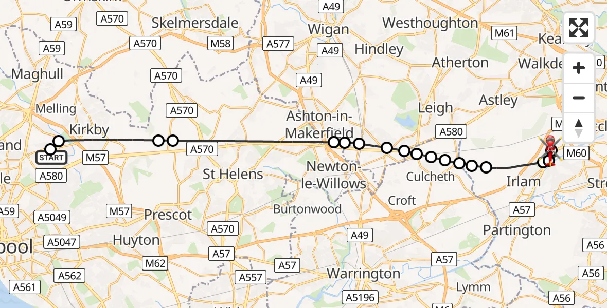 Flight route Air Ambulance Helicopter Aintree University Hospital Heliport - Manchester Barton Aerodrome, 24 May 2026, 15:31