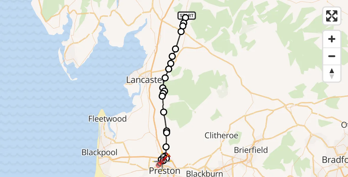 Flight route Air Ambulance Helicopter Middleton - Preston, 24 May 2026, 15:35