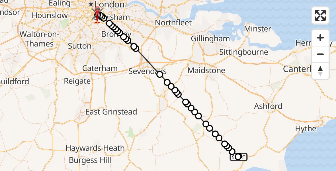 Flight route Air Ambulance Helicopter Peasmarsh - Kings College London Hospital, 24 May 2026, 15:42
