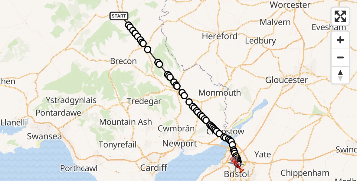 Flight route Air Ambulance Helicopter Builth Wells - Bristol, 24 May 2026, 15:42