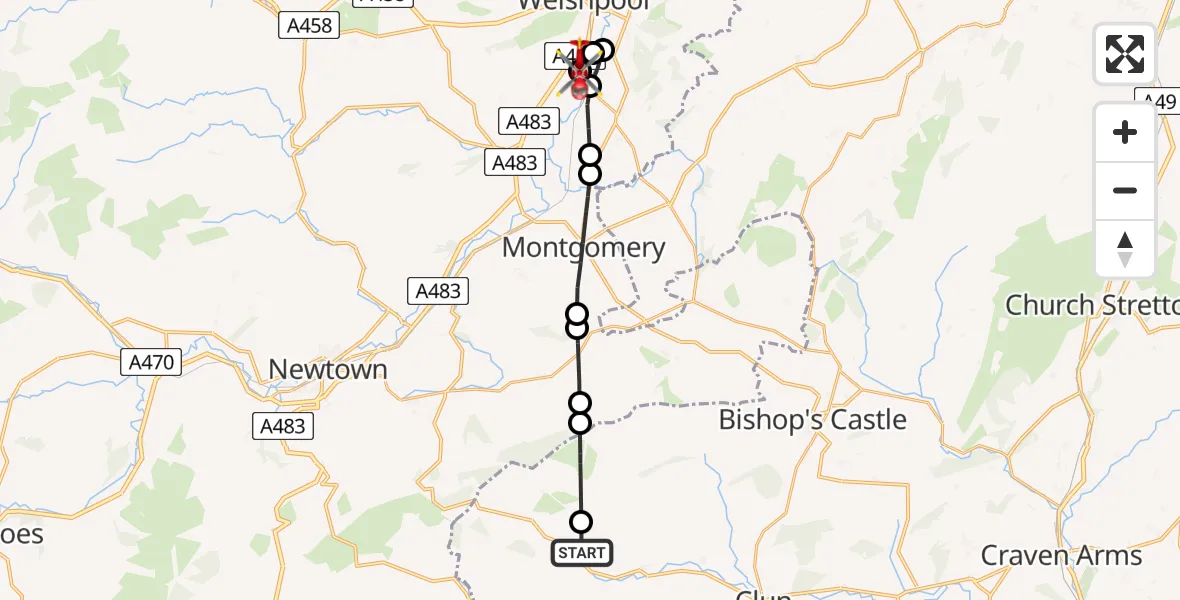 Flight route Air Ambulance Helicopter Duffryn - Welshpool Airport, 24 May 2026, 15:44