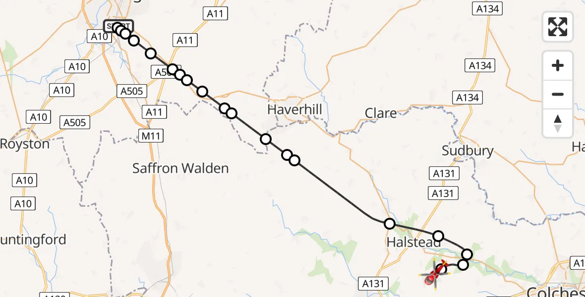 Flight route Air Ambulance Helicopter Papworth Hospital - Earls Colne Airfield, 24 May 2026, 15:51