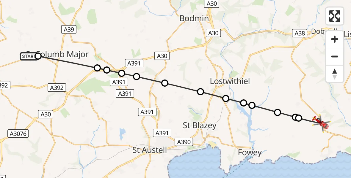 Flight route Air Ambulance Helicopter Cornwall Airport Newquay - Pelynt, 24 May 2026, 15:52