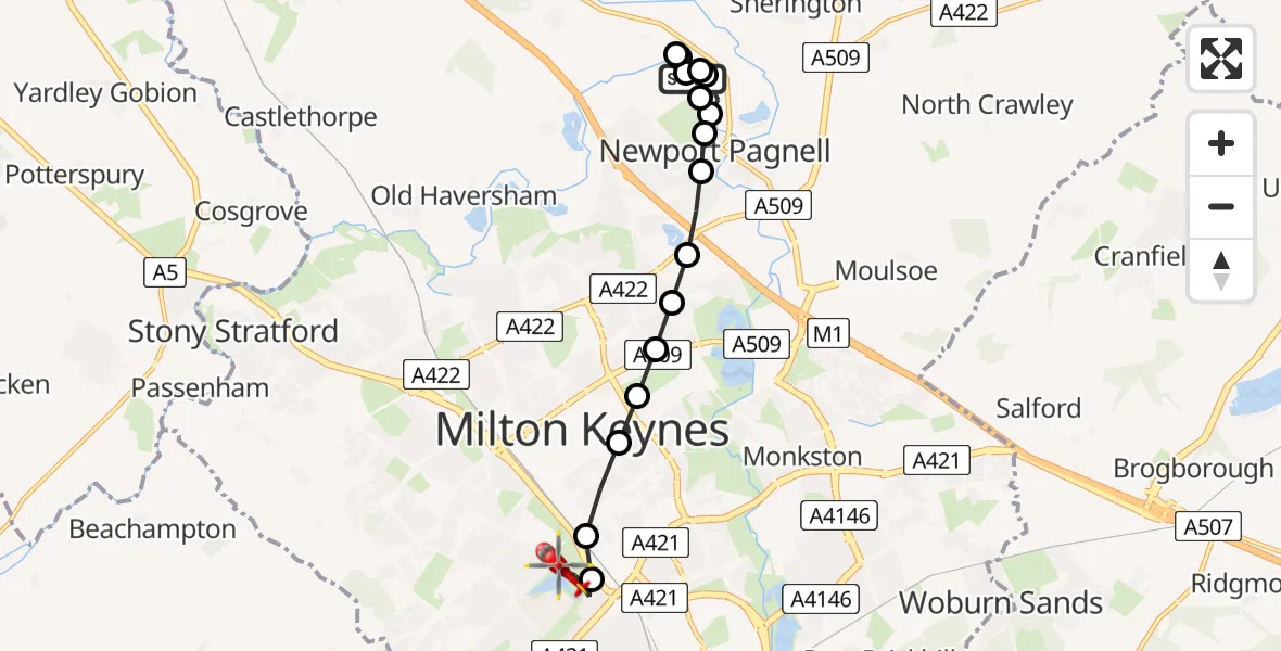 Flight route Air Ambulance Helicopter Lathbury - Bletchley, 24 May 2026, 15:55