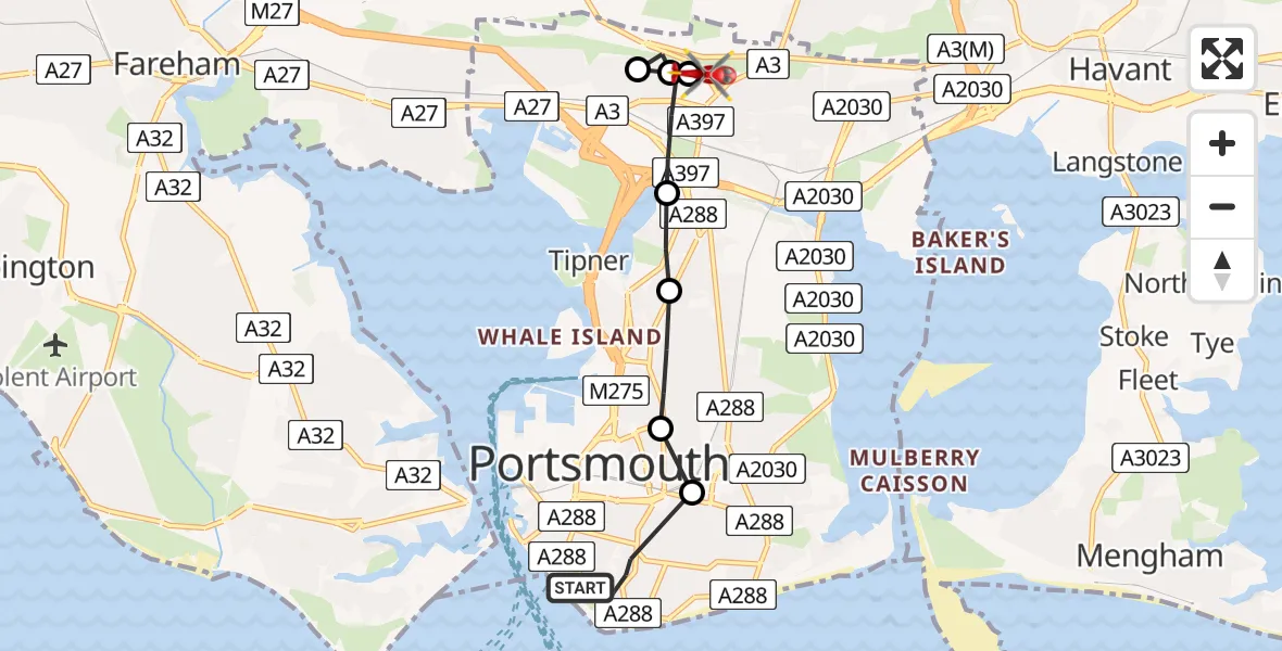 Flight route Air Ambulance Helicopter Southsea - Queen Alexandra Hospital, 24 May 2026, 15:57
