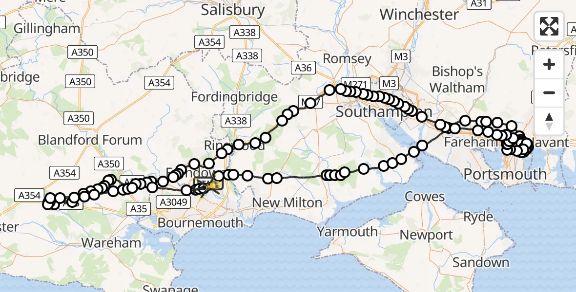 Flight route Police Helicopter Bournemouth Airport - Parley Cross, 24 May 2026, 16:00