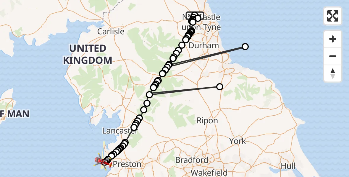 Flight route Air Ambulance Helicopter Newcastle International Airport - Blackpool Airport, 24 May 2026, 16:02
