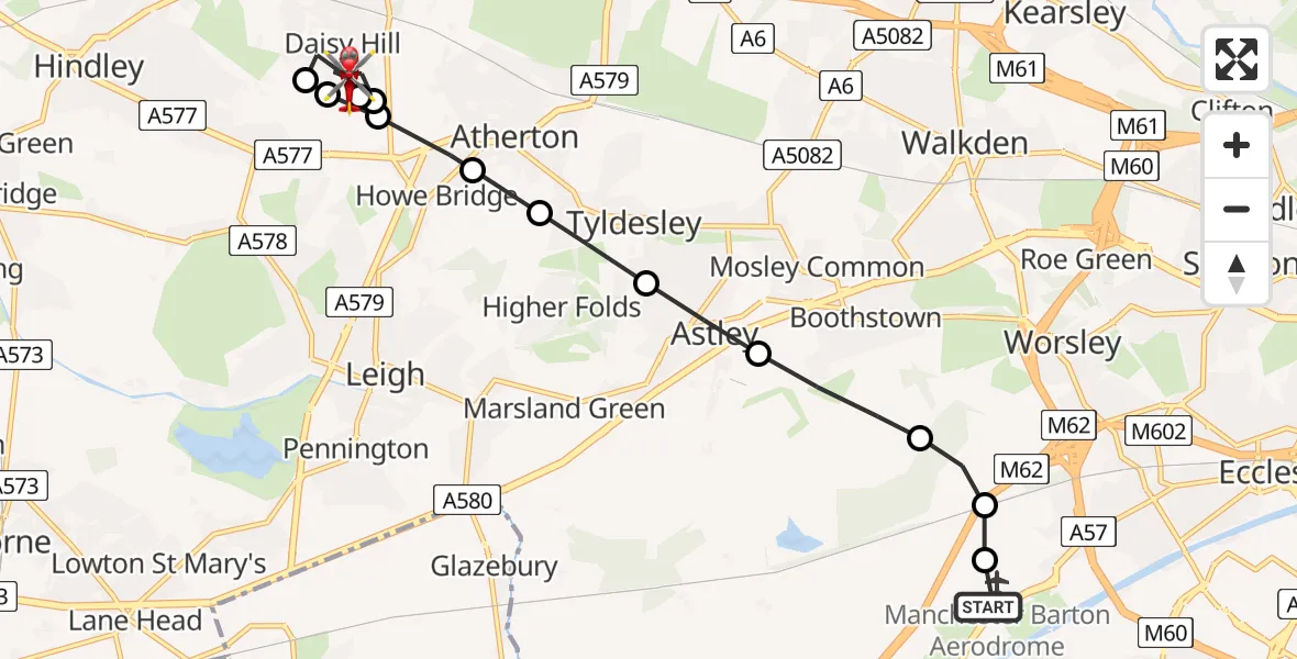 Flight route Air Ambulance Helicopter Manchester Barton Aerodrome - Westhoughton, 24 May 2026, 16:03