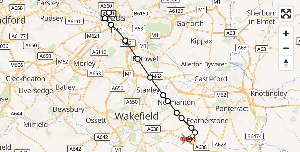Flight route Air Ambulance Helicopter Woodhouse - YAA Nostell Helicopter Port, 24 May 2026, 16:07