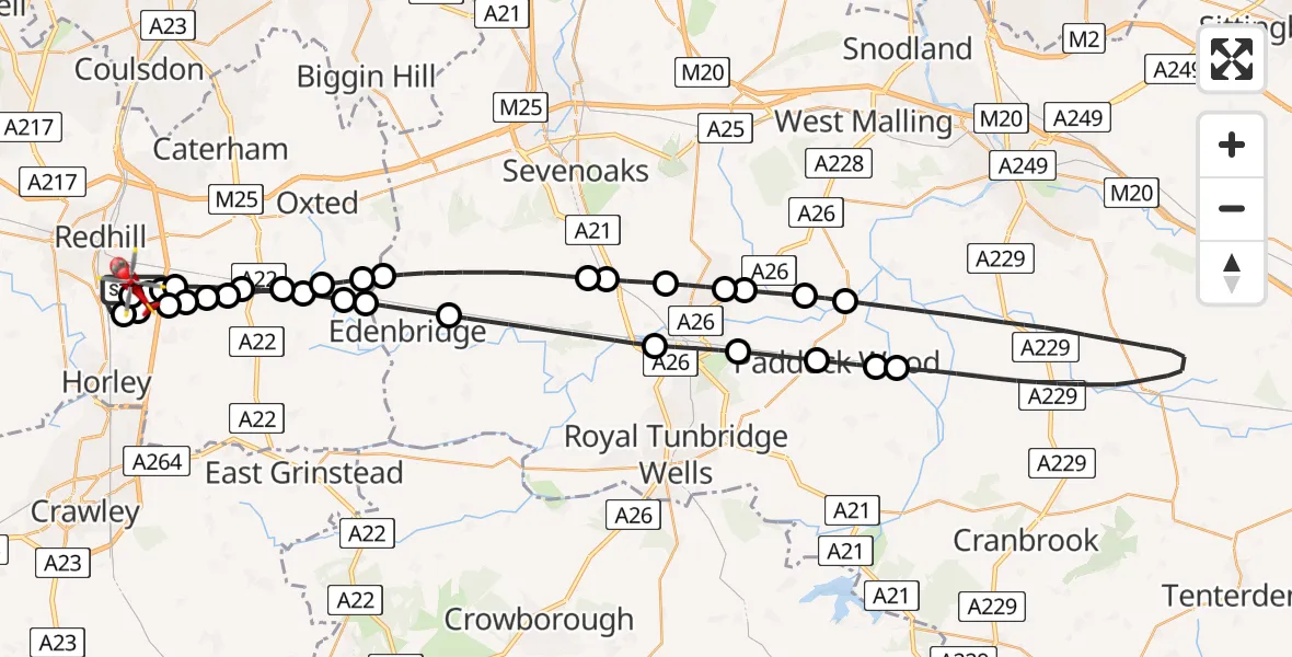Flight route Air Ambulance Helicopter Redhill Aerodrome - Redhill Aerodrome, 24 May 2026, 16:10