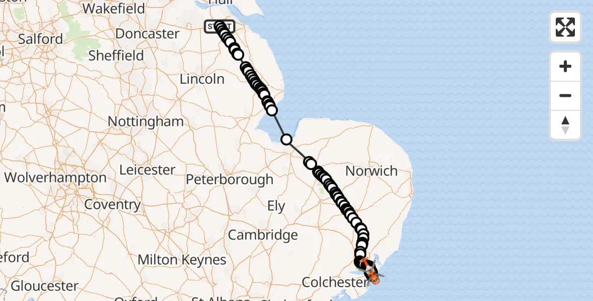 Flight route Coastguard Helicopter Humberside Airport - Shotley, 24 May 2026, 16:16
