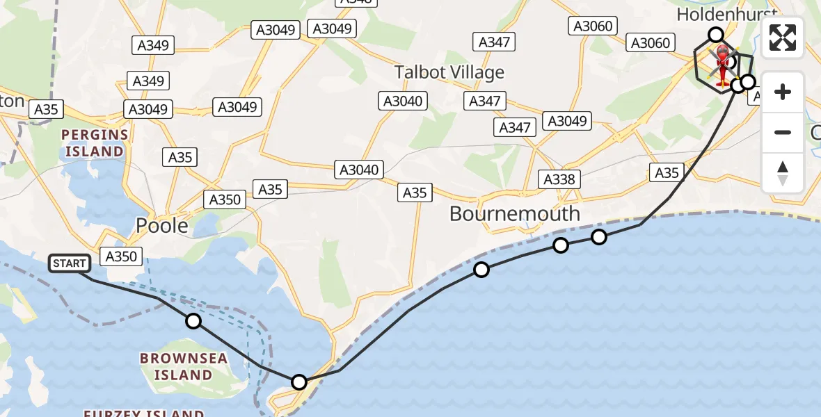 Flight route Air Ambulance Helicopter Poole - Royal Bournemouth Hospital, 24 May 2026, 16:18