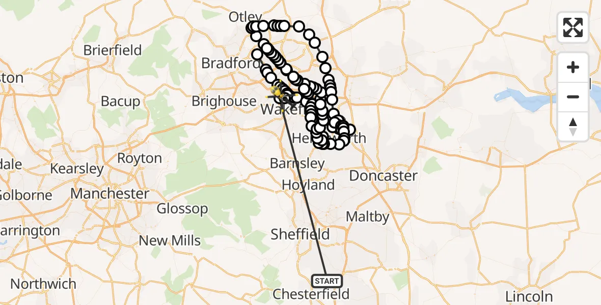 Flight route Police Helicopter Staveley - East Ardsley, 24 May 2026, 16:18