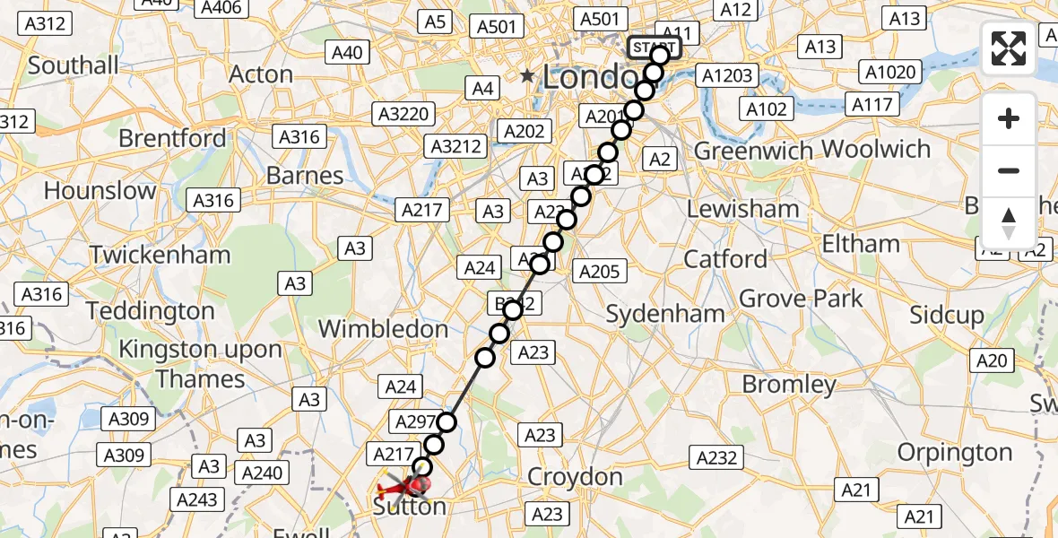Flight route Air Ambulance Helicopter Royal London Hospital - Benhilton, 24 May 2026, 16:21