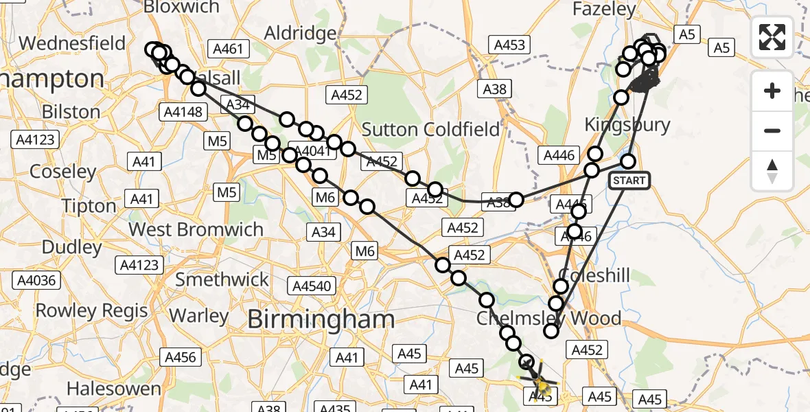 Flight route Police Helicopter Whitacre Heath - Birmingham Airport, 24 May 2026, 16:27